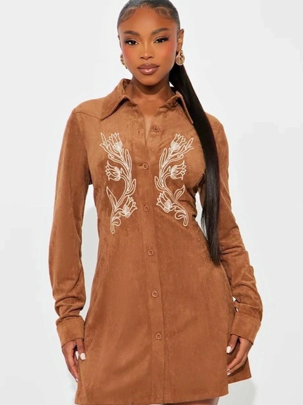Reclaimed Vintage Mini Shirt Dress with Oversized Collar and Floral Embroidery